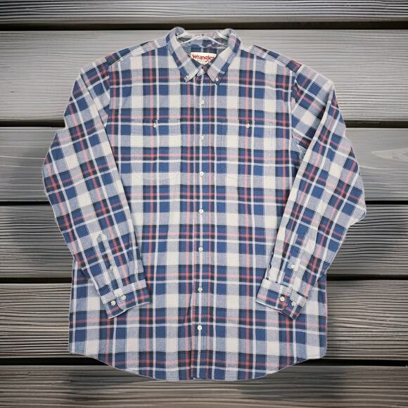 Wrangler Men's Shirt Long Sleeve Button Up Blue Plaid Pockets 2XL - Picture 1 of 6